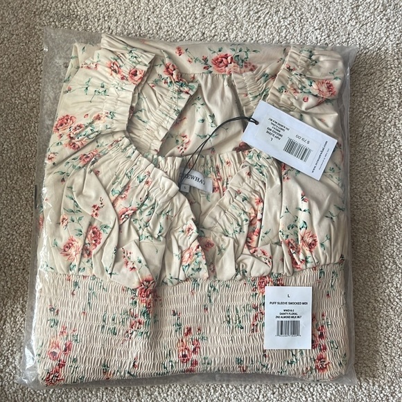 0306 - Puff Sleeve Smocked Midi Dress Dainty Floral Almond Milk - Picture 4 of 6